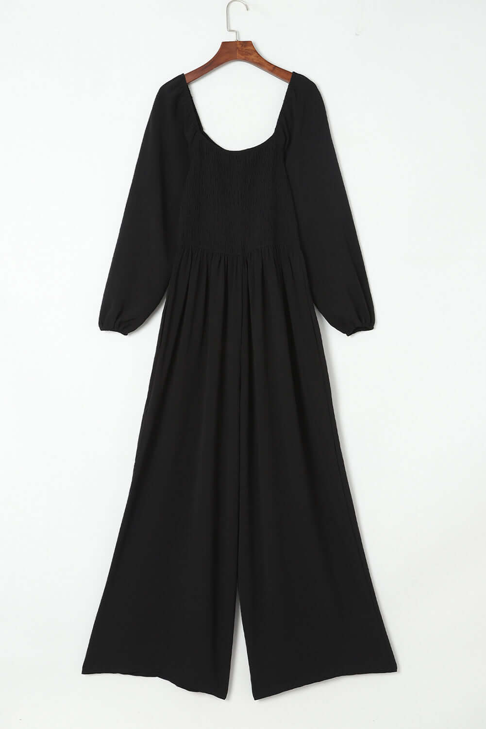 Black Smocked Square Neck Long Sleeve Wide Leg Jumpsuit Bottoms/Jumpsuits & Rompers Luxurious Weddings