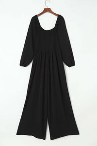 Black Smocked Square Neck Long Sleeve Wide Leg Jumpsuit Bottoms/Jumpsuits & Rompers Luxurious Weddings