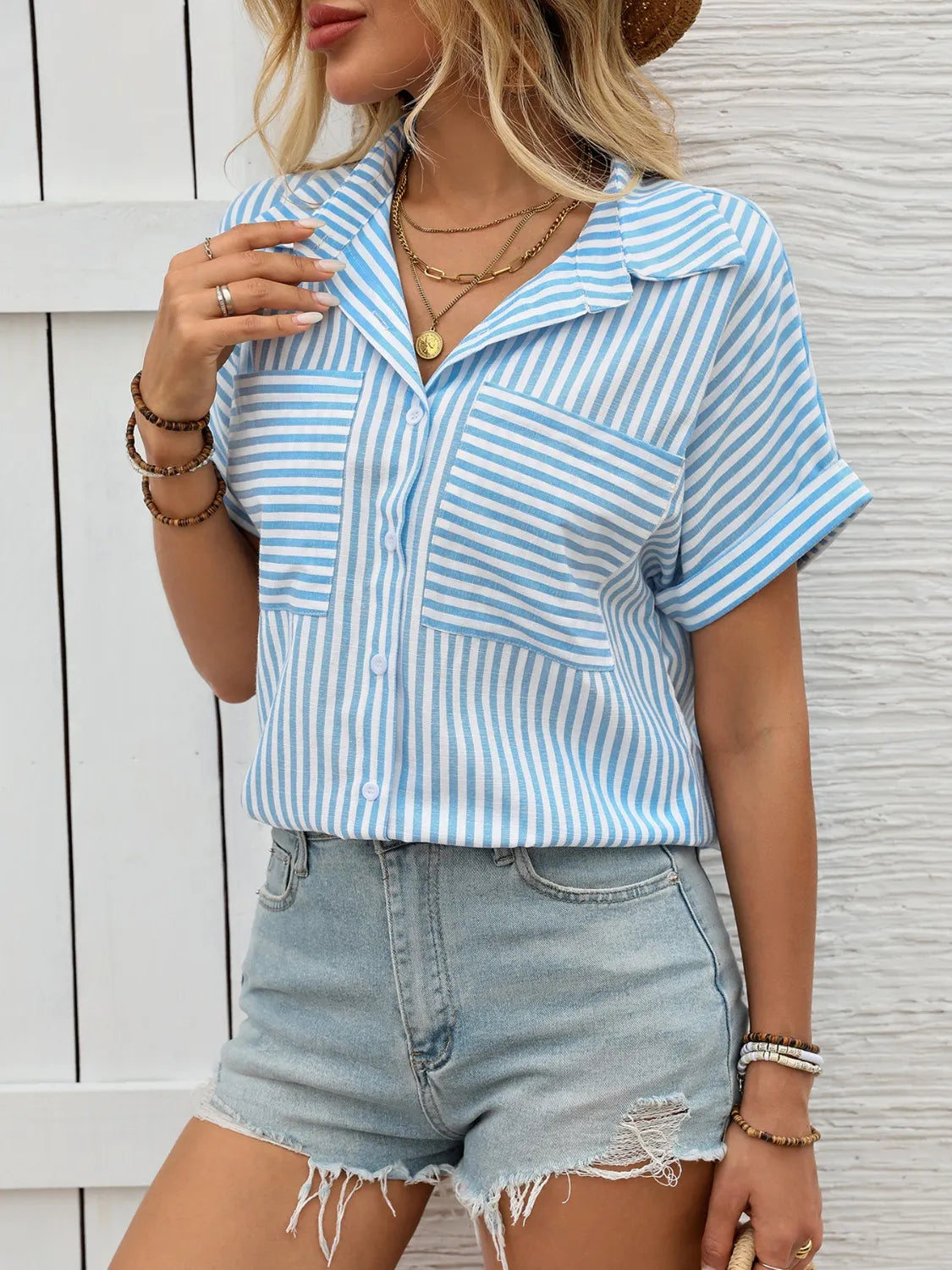 Striped Collared Neck Short Sleeve Shirt Blouse Luxurious Weddings