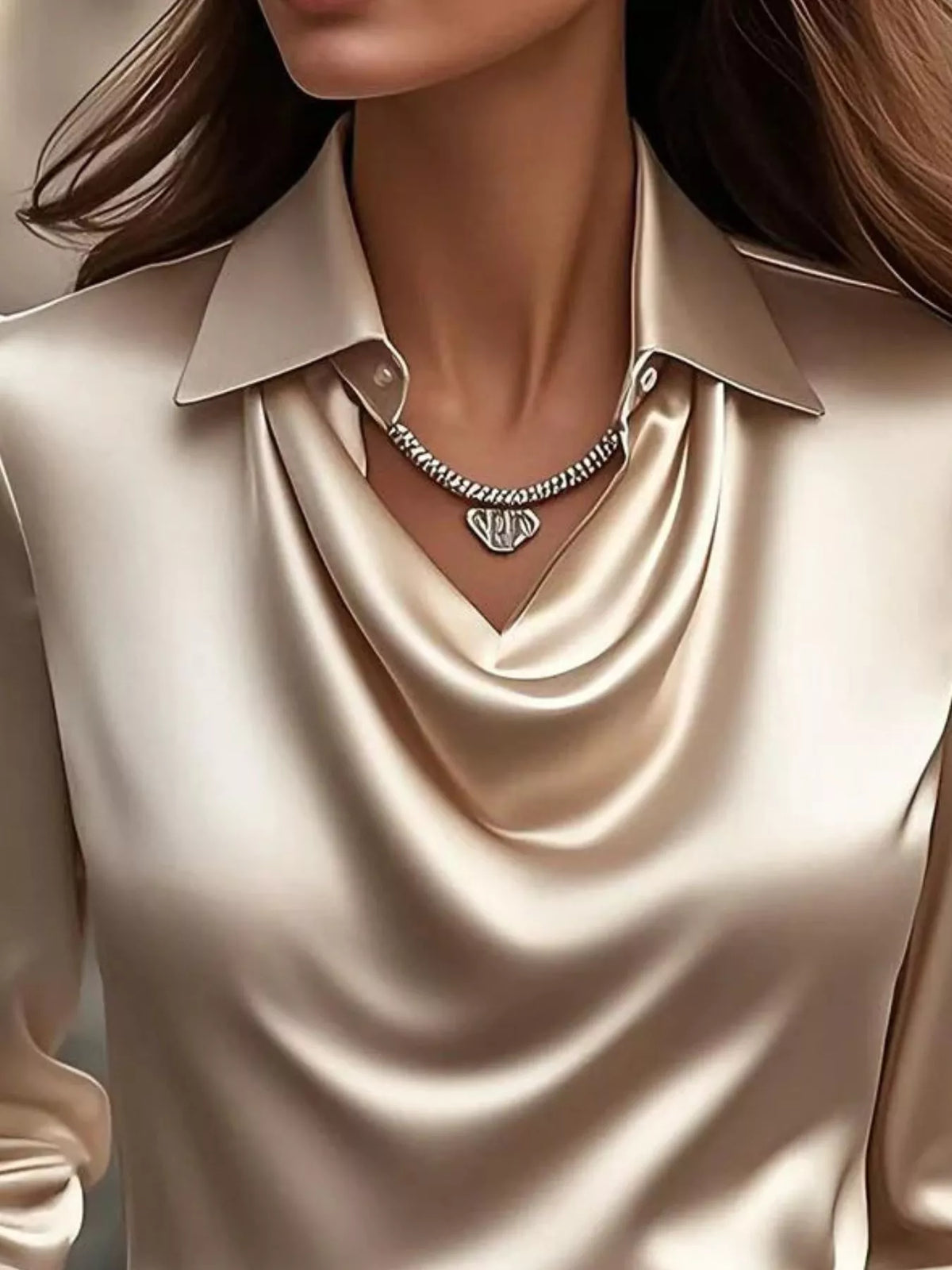 Ruched Long Sleeve Drape Collar Blouse in satin fabric with a stylish necklace, highlighting elegant drape and collar.