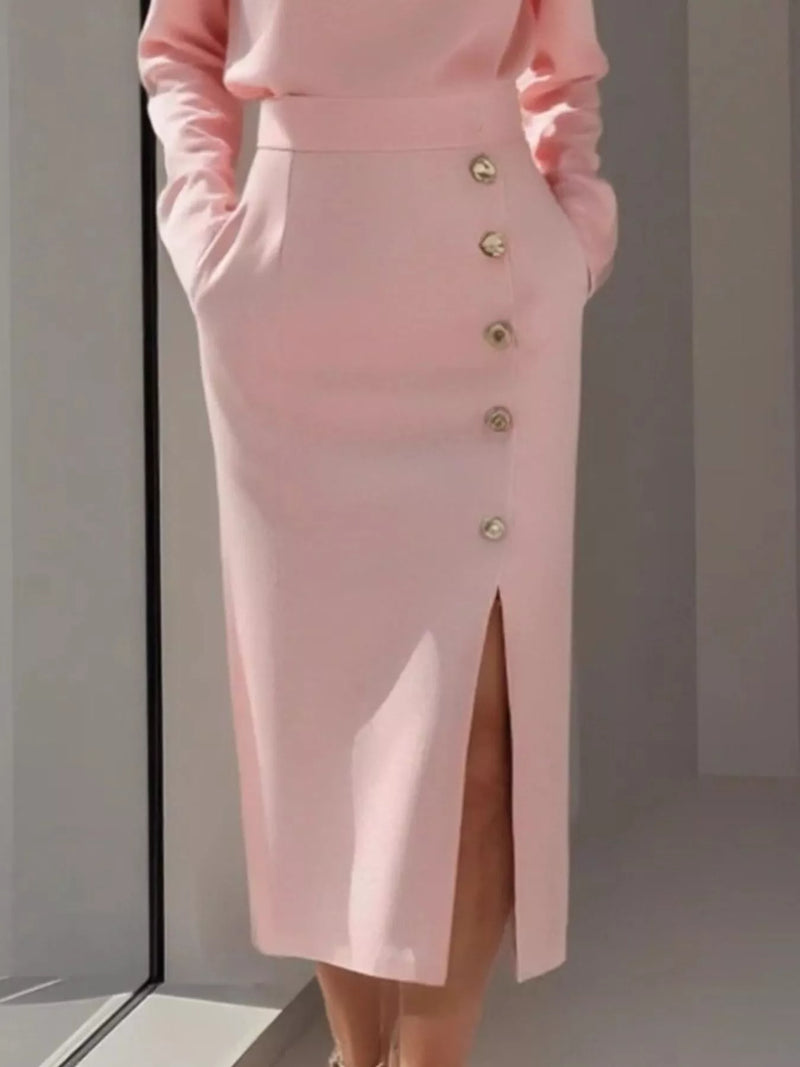 Long Sleeve Button Detail Midi Dress with Side Slit showcasing buttoned details and side slit.