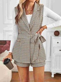 Tied Plaid Collared Neck Vest and Shorts Set Matching Sets Luxurious Weddings