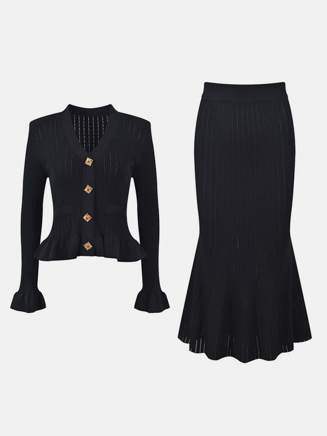 Ruffled V-Neck Top and Midi Skirt Sweater Set Matching Sets Luxurious Weddings