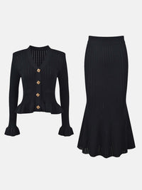 Ruffled V-Neck Top and Midi Skirt Sweater Set Matching Sets Luxurious Weddings
