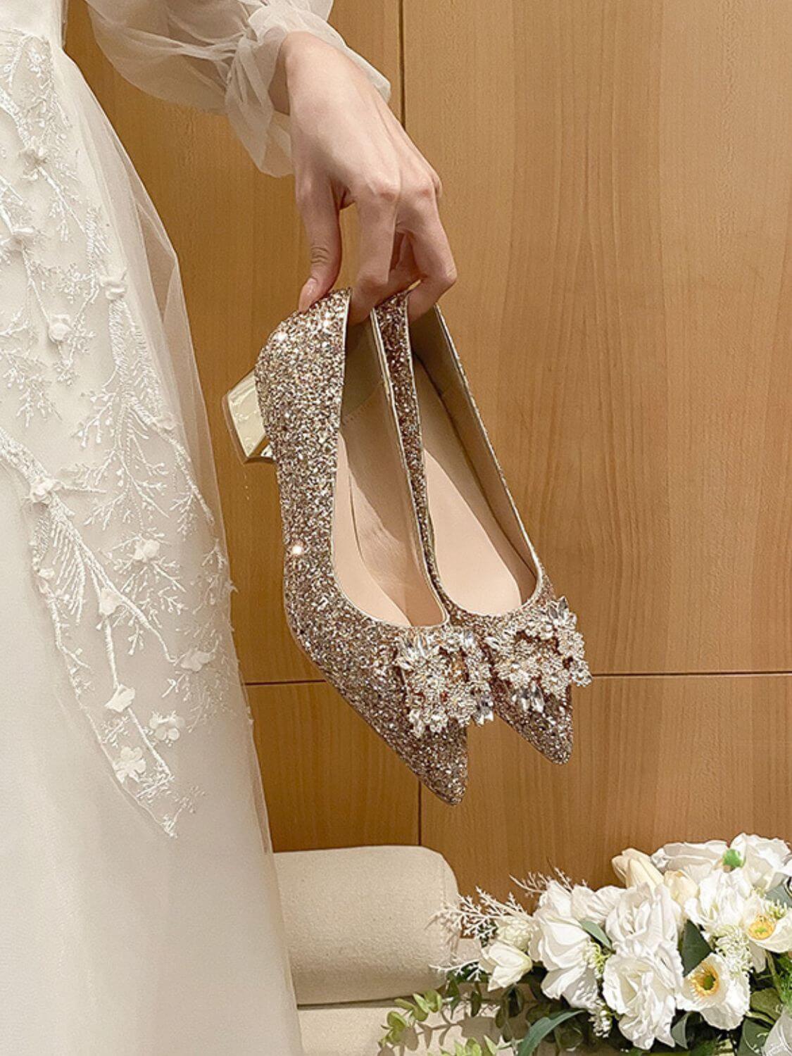 Glitter Point Toe Block Heel Pumps High Heels Luxurious Weddings