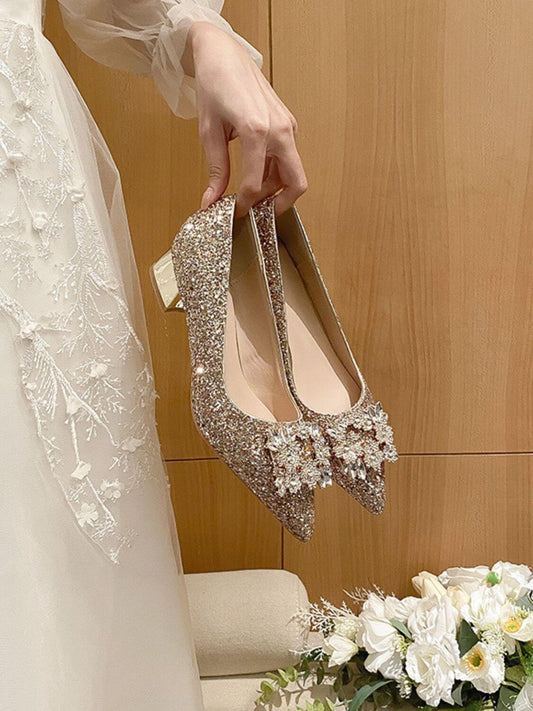 Glitter Point Toe Block Heel Pumps High Heels Luxurious Weddings