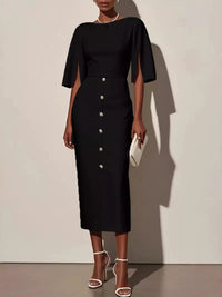 Slit Sleeve Midi Dress with Decorative Button in black featuring a stylish design and decorative buttons.