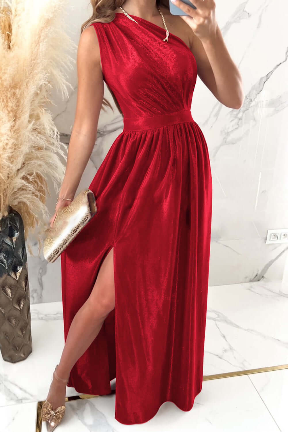 One Shoulder Slit Ruched Maxi Dress bridesmaids dress Luxurious Weddings