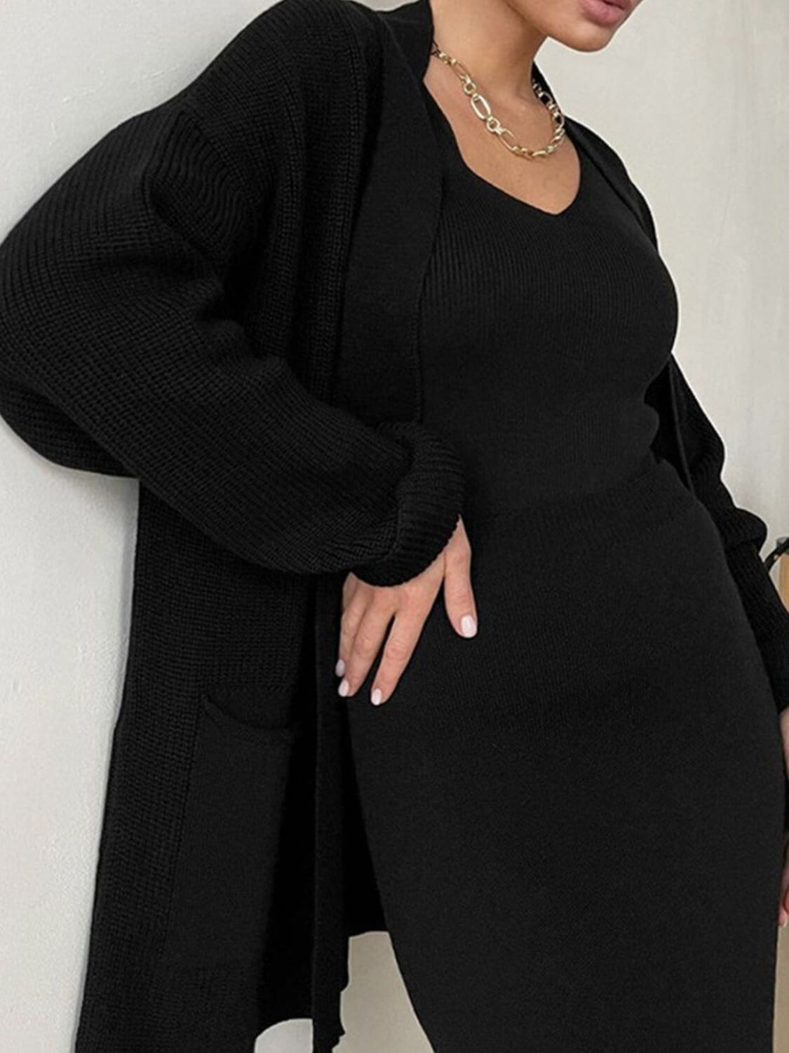 Pocketed Long Sleeve Cardigan and Skirt Sweater Set Matching Sets Luxurious Weddings
