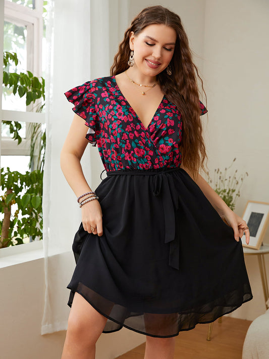 Honey Plus Size Floral Surplice Neck Flutter Sleeve Dress Plus size dress Luxurious Weddings