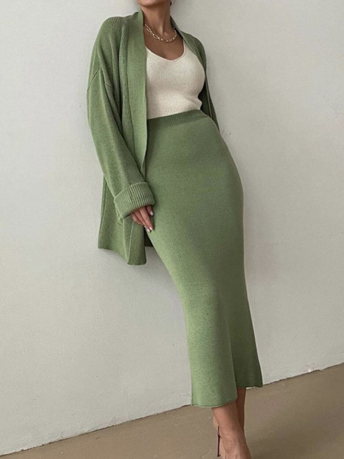 Pocketed Long Sleeve Cardigan and Skirt Sweater Set Matching Sets Luxurious Weddings