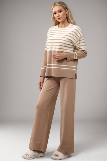Basic Bae Striped Round Neck Long Sleeve Top and Pants Sweater Set Matching Sets Luxurious Weddings