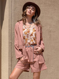 Lace Detail Collared Neck Long Sleeve Top and Shorts Set Matching Sets Luxurious Weddings
