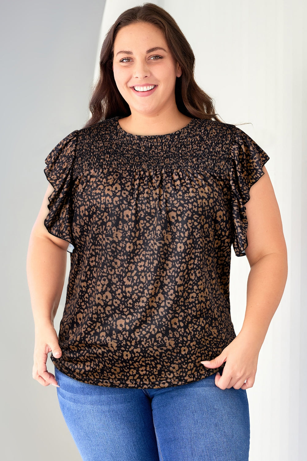 Plus Size Printed Smocked Butterfly Sleeve Blouse Luxurious Weddings