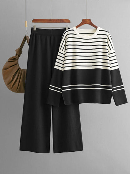 Basic Bae Striped Round Neck Long Sleeve Top and Pants Sweater Set Matching Sets Luxurious Weddings