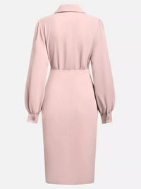 Back view of Ruched Midi Shirt Dress with Side Slit, showcasing its elegant design and tailored fit.