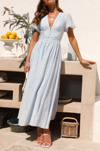 V-Neck Puff Short Sleeve Midi Dress Summer dress Luxurious Weddings