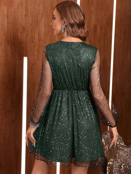 Glitter Surplice Long Sleeve Mini Dress Mini Dress Luxurious Weddings