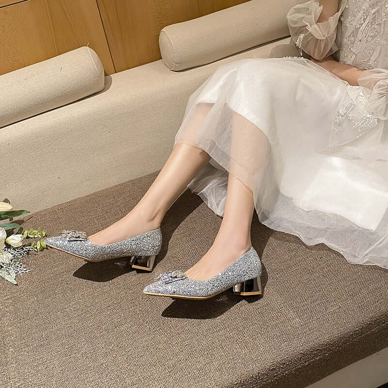 Glitter Point Toe Block Heel Pumps High Heels Luxurious Weddings
