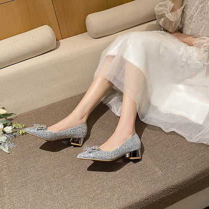 Glitter Point Toe Block Heel Pumps High Heels Luxurious Weddings