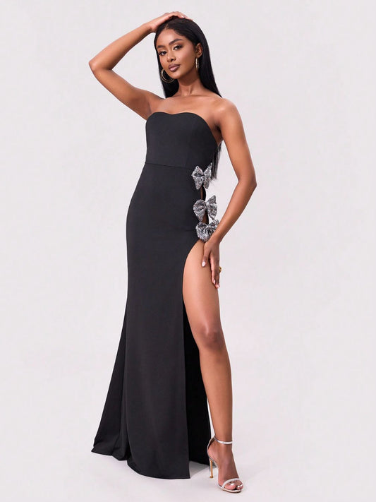 Slit Bow Trim Tube Maxi Dress Ball gown Luxurious Weddings