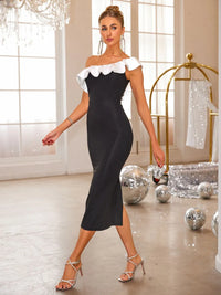 Slit Contrast Single Shoulder Midi Dress Midi Dress Luxurious Weddings