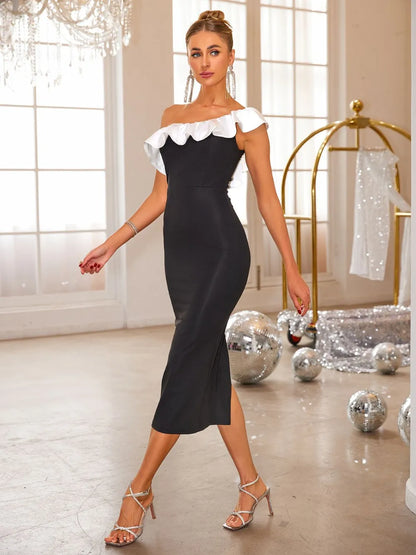 Slit Contrast Single Shoulder Midi Dress Midi Dress Luxurious Weddings