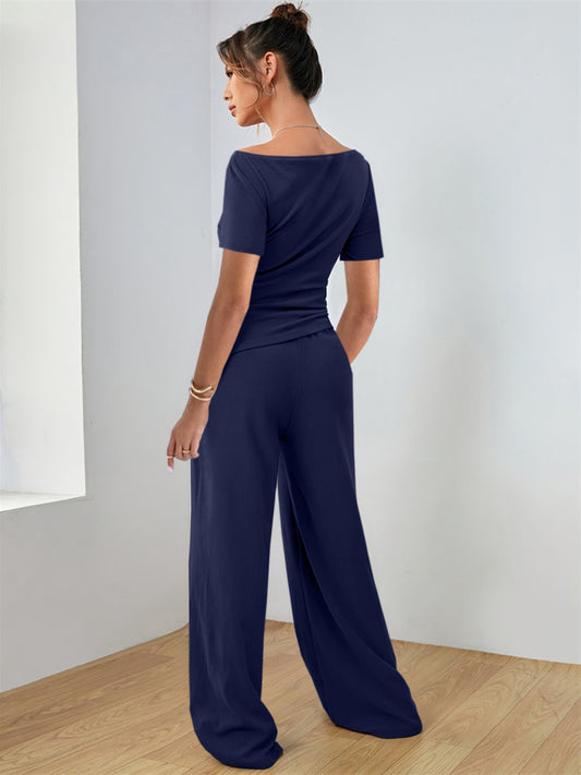 Round Neck Short Sleeve T-Shirt and Pants Set Matching Sets Luxurious Weddings