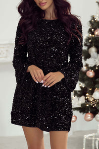 Black Sequin Long Sleeve Knot Cutout Back Mini Dress Dresses/Mini Dresses Luxurious Weddings