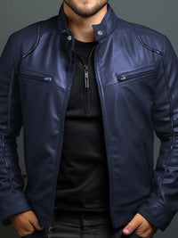 Men's Full Size Leather Motorcycle Jacket with Zipper Front Plus Size in navy color, showing stylish design and zipper details.