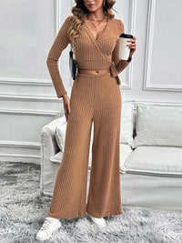 Perfee Surplice Long Sleeve Top and Pants Set Matching Sets Luxurious Weddings
