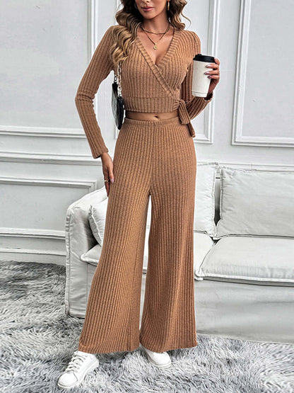 Perfee Surplice Long Sleeve Top and Pants Set Matching Sets Luxurious Weddings