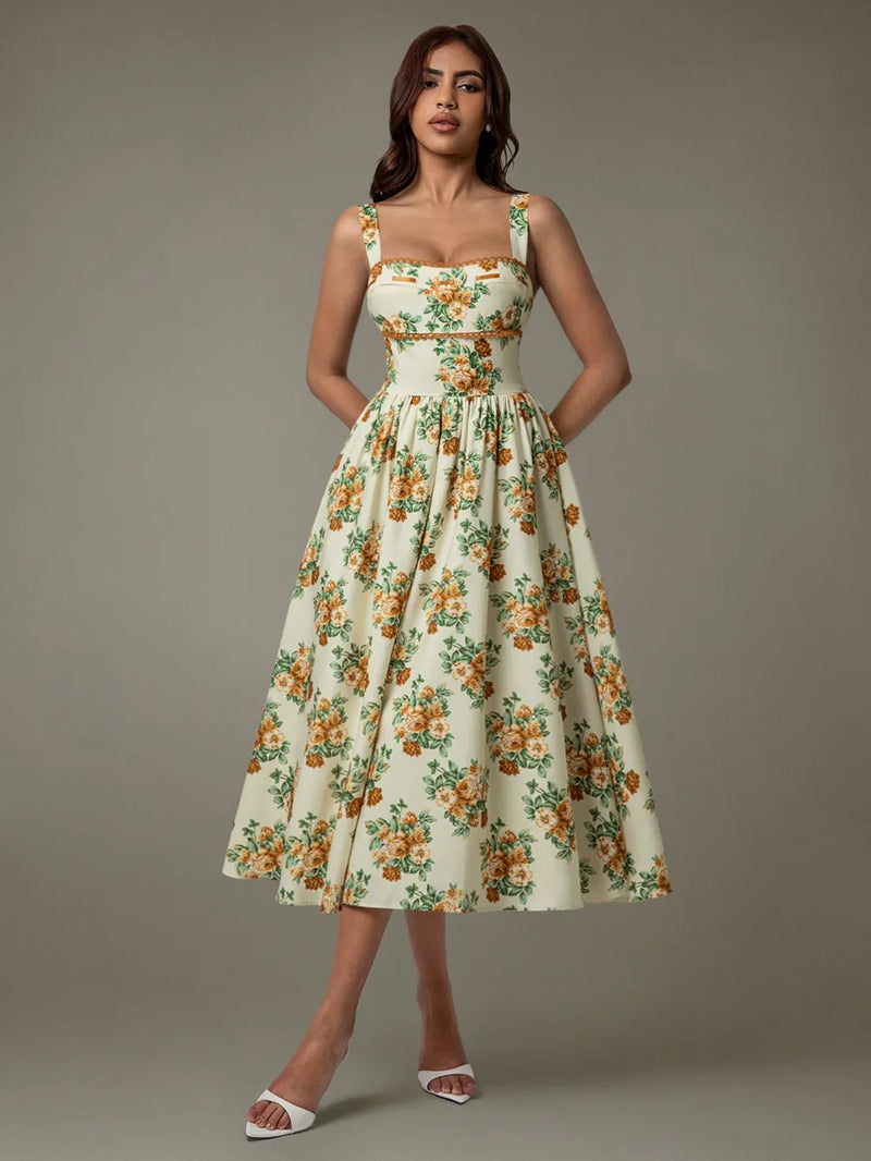 Lace Trim Floral Sleeveless Midi Dress Summer Dress Luxurious Weddings