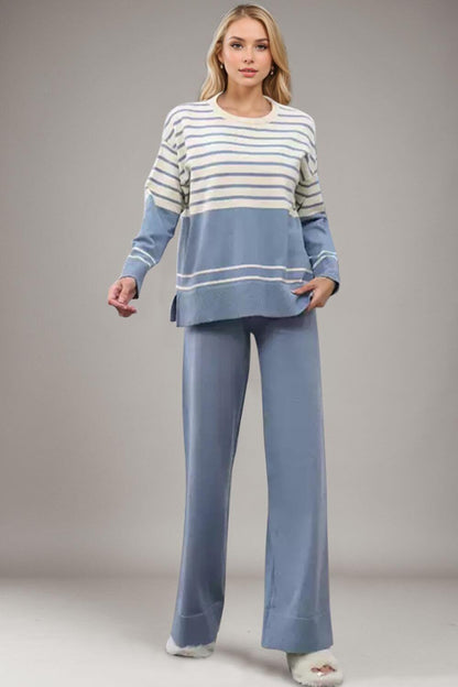 Basic Bae Striped Round Neck Long Sleeve Top and Pants Sweater Set Matching Sets Luxurious Weddings