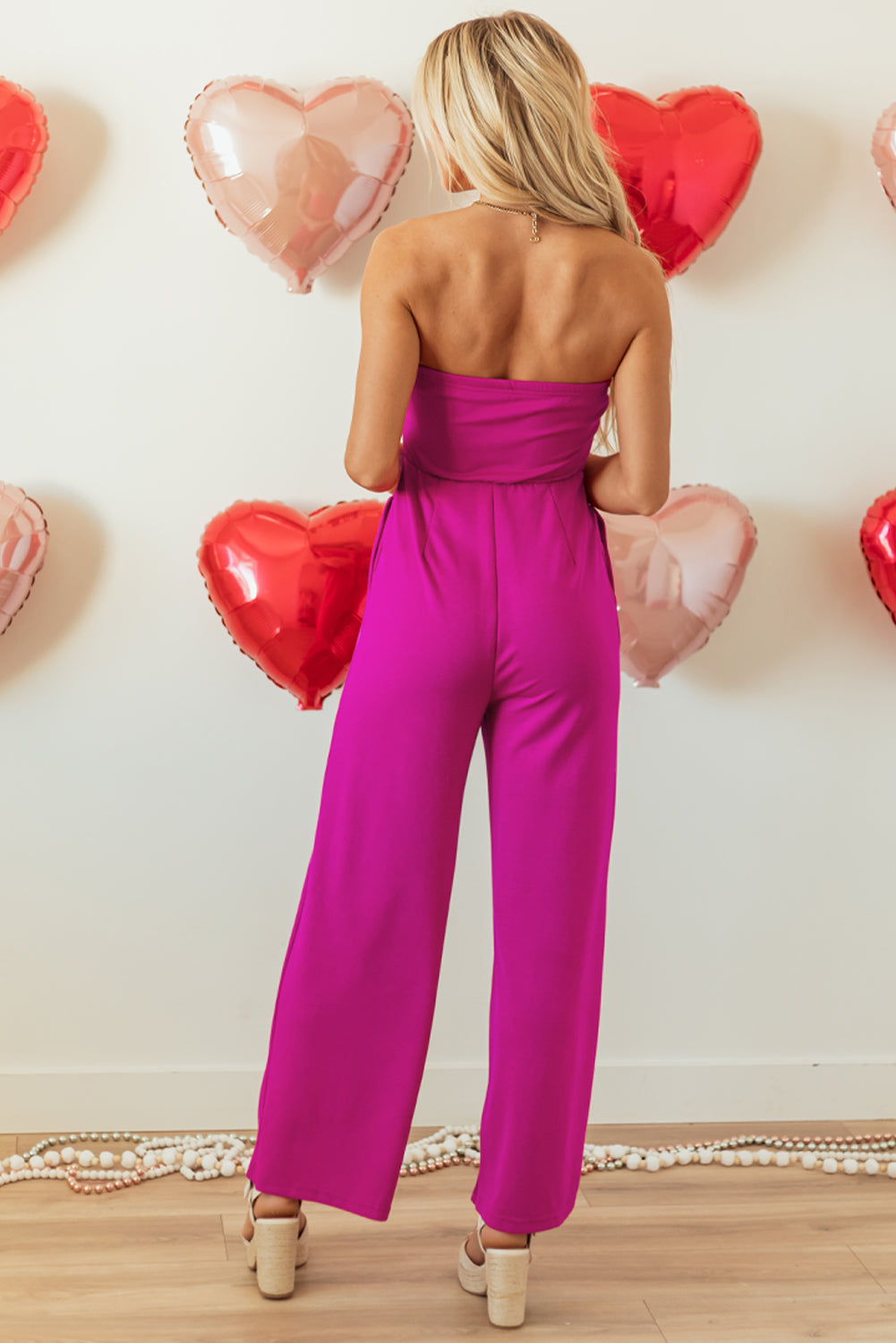 Bright Pink Bowknot Strapless Wide Leg Jumpsuit Bottoms/Jumpsuits & Rompers Luxurious Weddings