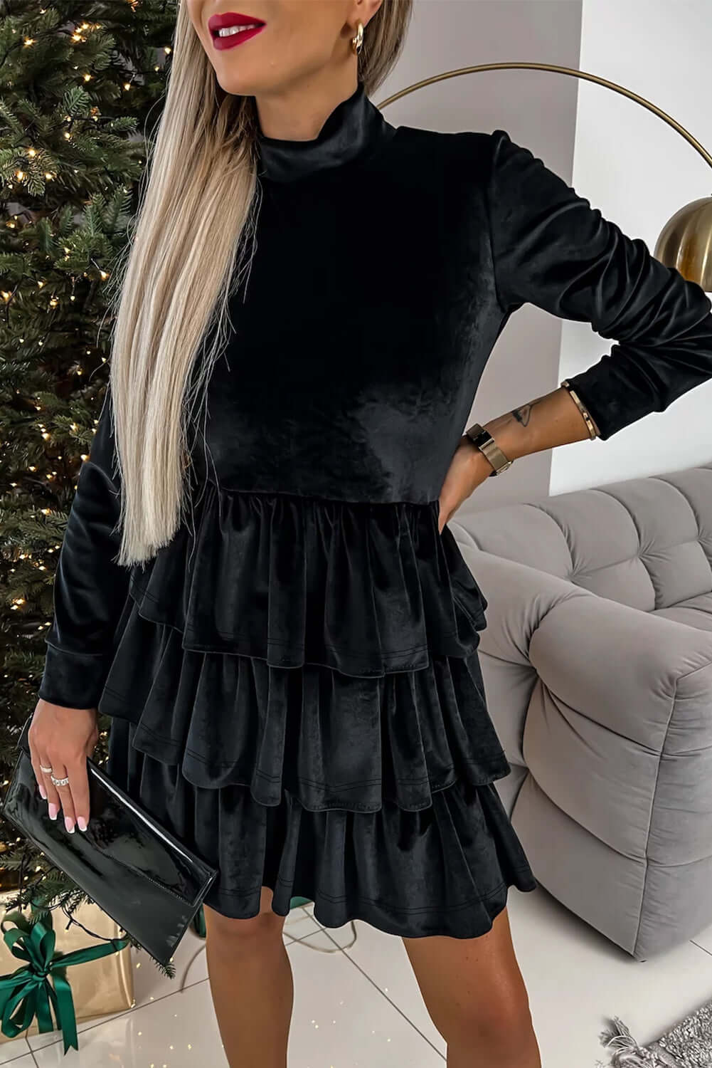 Black Velvet High Neck Tiered Ruffle Mini Dress Dresses/Mini Dresses Luxurious Weddings