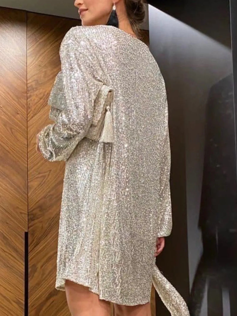 Sequin Tie Waist Long Sleeve Mini Dress Mini dress Luxurious Weddings