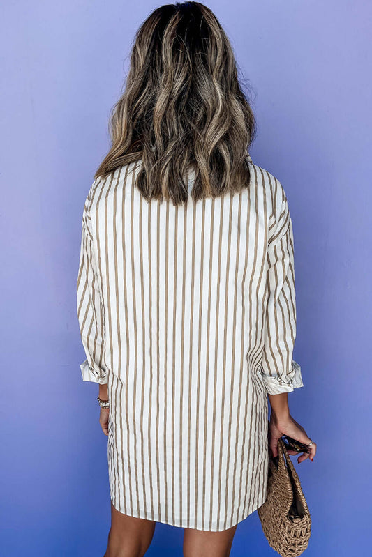 Khaki Stripe Long Sleeve Button Up Mini Shirt Dress Dresses/Mini Dresses Luxurious Weddings