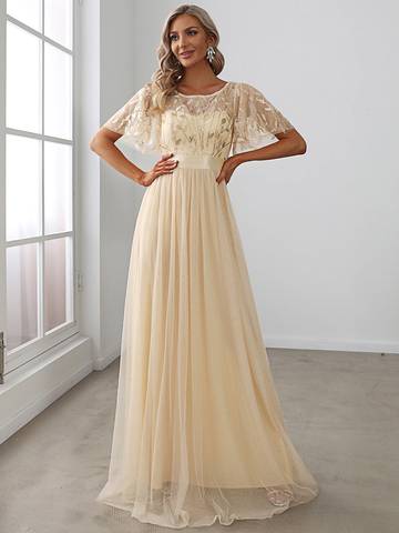 Sequin Print Floor-length Evening Dresses with Cap Sleeve Bridesmaid Dresses Luxurious Weddings