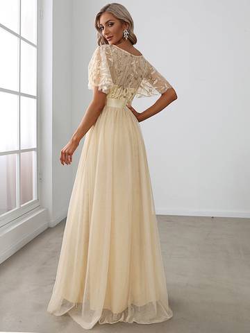 Sequin Print Floor-length Evening Dresses with Cap Sleeve Bridesmaid Dresses Luxurious Weddings
