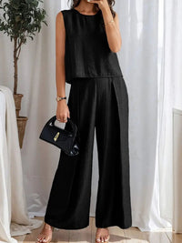 Round Neck Sleeveless Top and Wide Leg Pants Set Matching Sets Luxurious Weddings