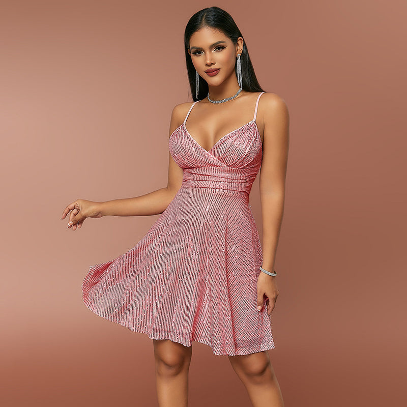 Autumn And Winter Sequined Dress Pleated Cross Strap Vacation Style Dress Summer Dress Luxurious Weddings