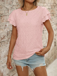Eyelet Round Neck Double Layered Ruffled Short Sleeve Top Luxurious Weddings