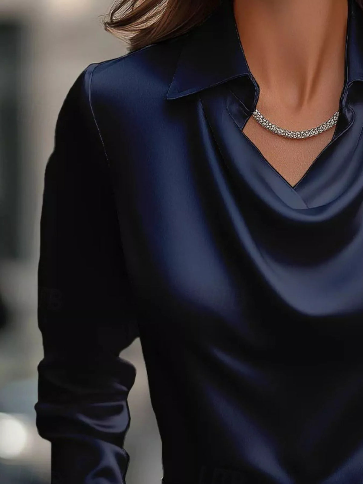 Ruched Long Sleeve Drape Collar Blouse featuring a stylish draped collar and elegant satin finish.