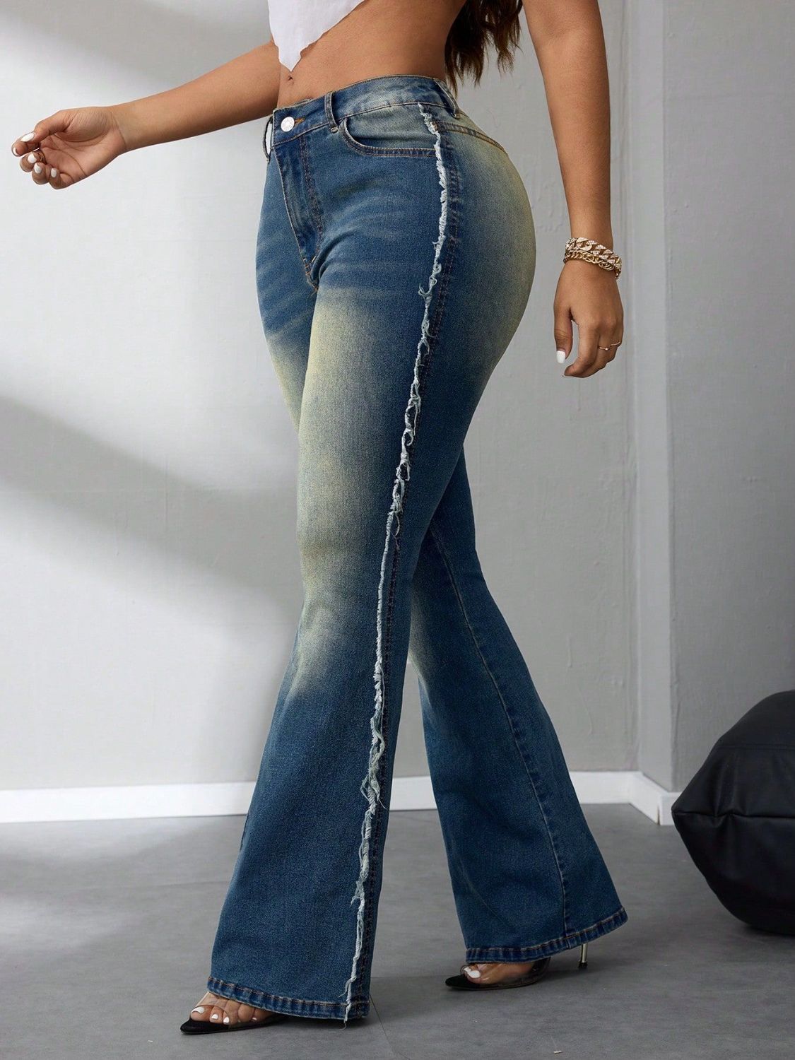 Side Raw Hem Flare Jeans Jeans Luxurious Weddings