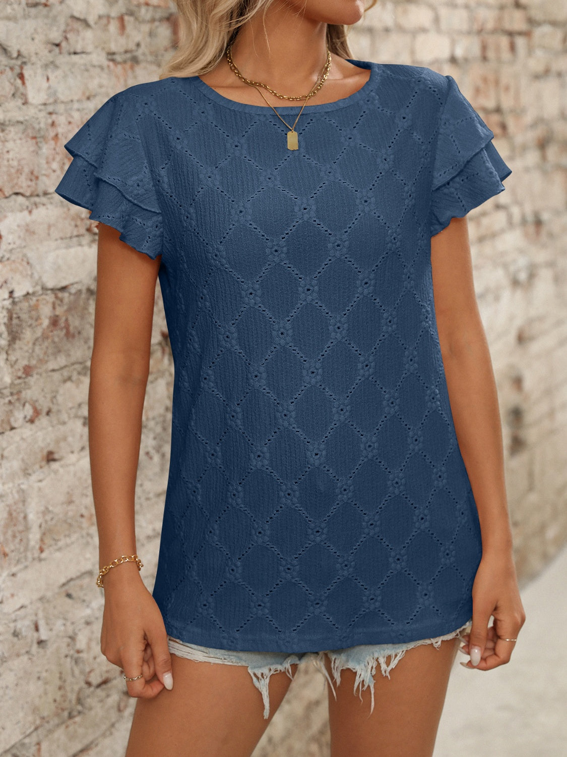 Eyelet Round Neck Double Layered Ruffled Short Sleeve Top Luxurious Weddings