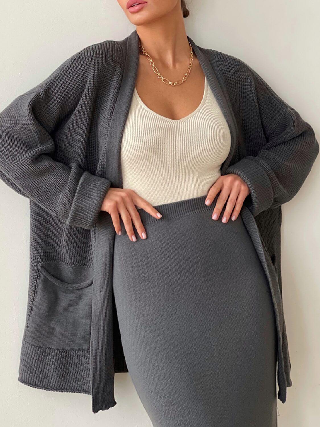 Pocketed Long Sleeve Cardigan and Skirt Sweater Set Matching Sets Luxurious Weddings