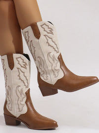 Point toe block heel boots in brown and cream with western-style embroidery on the shaft.