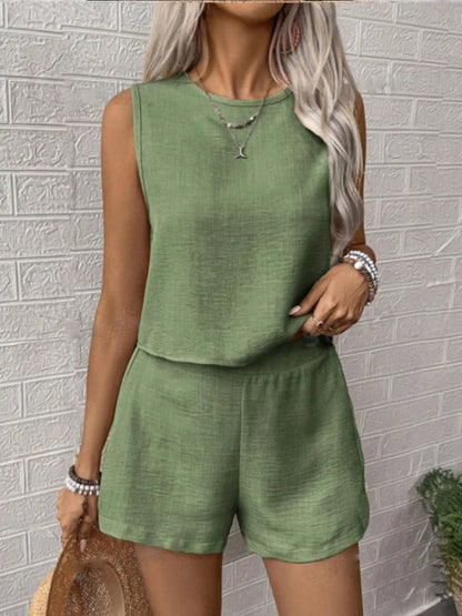 Round Neck Sleeveless Top and Shorts Set Matching Sets Luxurious Weddings