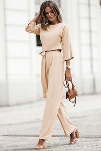 Apricot Bracelet Sleeve Waist Tie Wide Leg Jumpsuit Bottoms/Jumpsuits & Rompers Luxurious Weddings